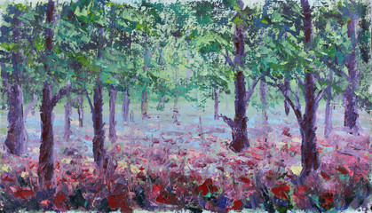 red poppies in summer forest, oil painting