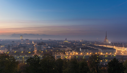 Fototapeta na wymiar Panoramic cityscape of Turin (Torino) from above at dusk