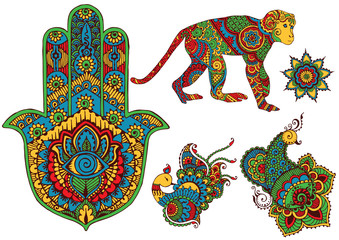 isolated birds, monkey, and hamsa in the style of hand-painted mehendi