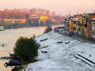 The river Ticino in Pavia after a snowfall