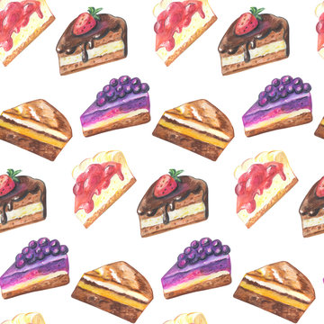 Seamless pattern of pieces of cake. Hand drawn watercolor pencil