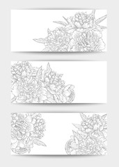Beautiful black and white Set of horizontal banners with flowers.