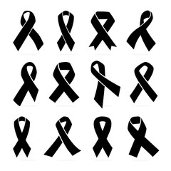 Set of Vector Black awareness ribbon on white background. Mourning support symbol.