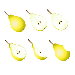 Ripe pears, pears slices on a white background.