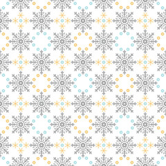 Vector of Snow Flakes Ornament Seamless Pattern in Gray Blue and Yellow on White Background