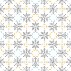Vector of Snow Flakes Ornament Seamless Pattern in Gray Blue and Yellow on White Background