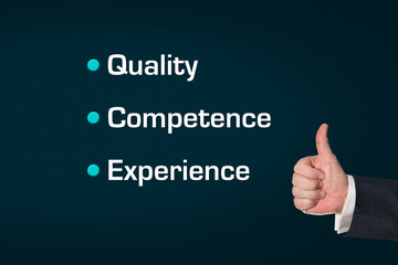 Business man holding the thumbs up, Quality, Competence, Experie
