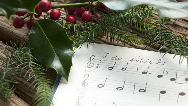 Handgeschriebenes Notenblatt, O du fr&ouml;hliche, Weihnachten, Ilex Zweig