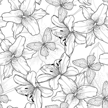 Beautiful monochrome, black and white seamless background with lilies and butterflies. Hand-drawn contour lines.