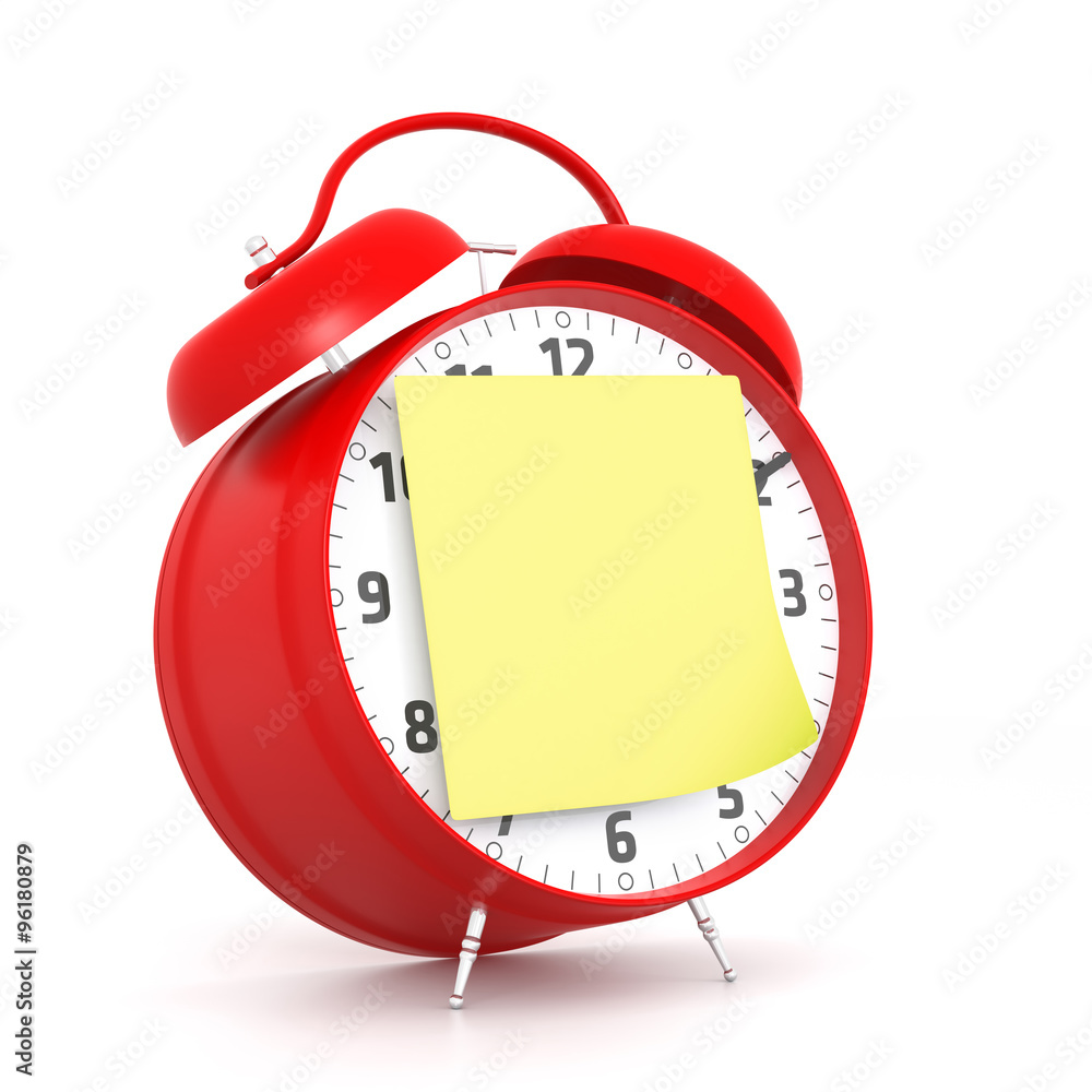 Poster red alarm clock with blank yellow sticky. 3d rendering