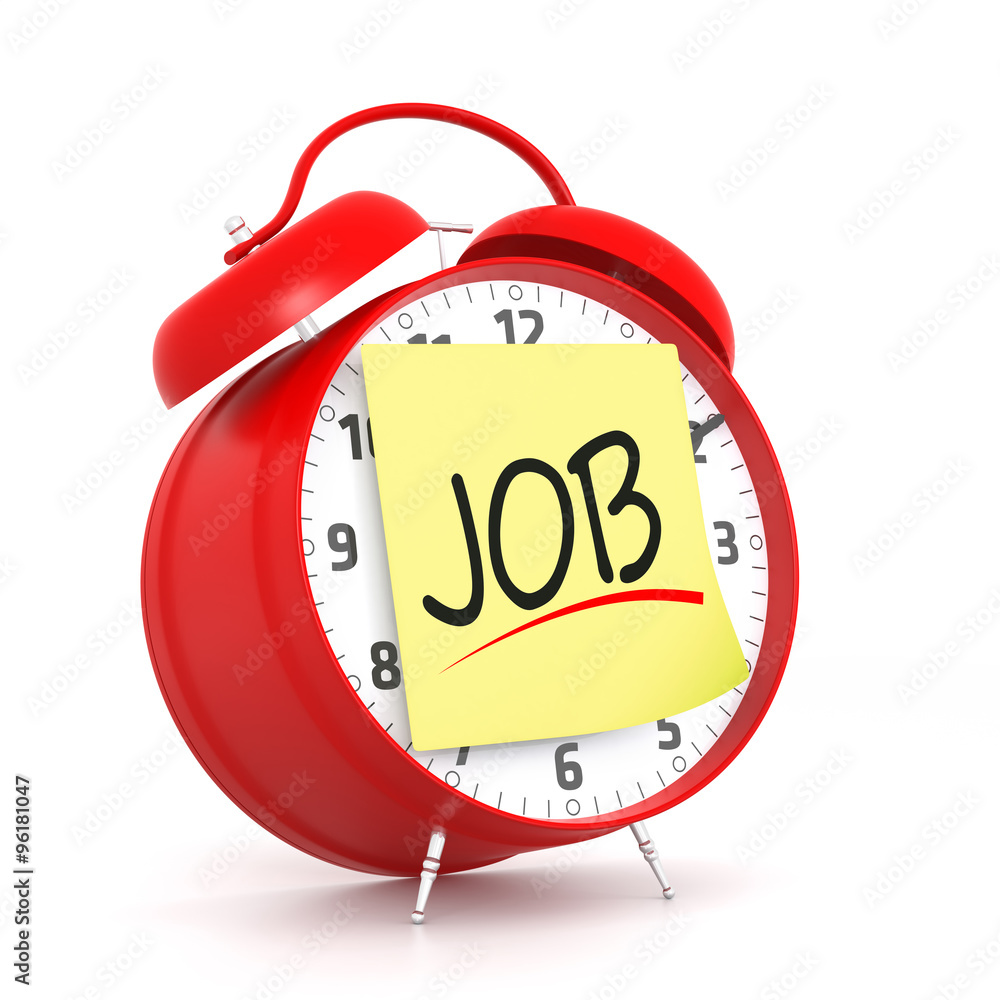 Aufkleber red alarm clock with job time yellow sticky. 3d rendering