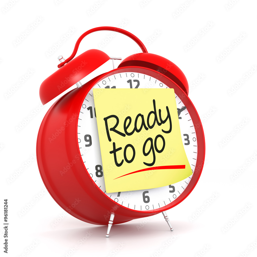 Poster red alarm clock with ready to go yellow sticky. 3d rendering