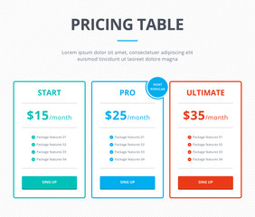 Pricing table template with three plans - Start, Pro and Ultimate with one most popular plan. Website interface template for pricing block. Vector element © denvitruk