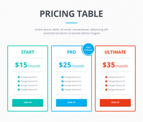 Pricing table template with three plans - Start, Pro and Ultimate with one most popular plan. Website interface template for pricing block. Vector element