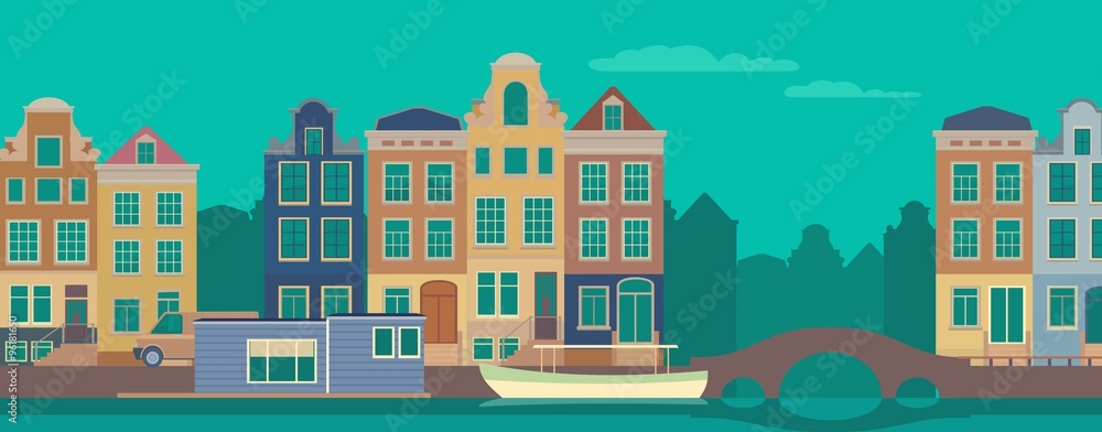 Wall mural colorful amsterdam flat streets and channels vector illustration.