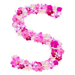 Letter S from orchid flowers isolated on white with working path