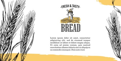 Mill, Wheat field, Ears. Black, white, yellow color. Vintage vector engraving illustration for logotype, label, poster, corporate identity, badges, brochures, presentations, flayer for bakery shop. © MoreVector