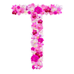 Letter T from orchid flowers isolated on white with working path