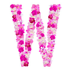 Letter W from orchid flowers isolated on white with working path