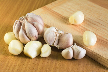 garlic on wood ,selective focus