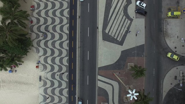 Top View of Copacabana beach with mosaic of sidewalk in Rio de Janeiro. Brazil
