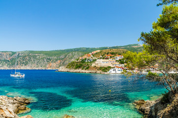 Naklejka premium Assos on the Island of Kefalonia in Greece. View of beautiful bay of Assos village, Kefalonia island, Greece