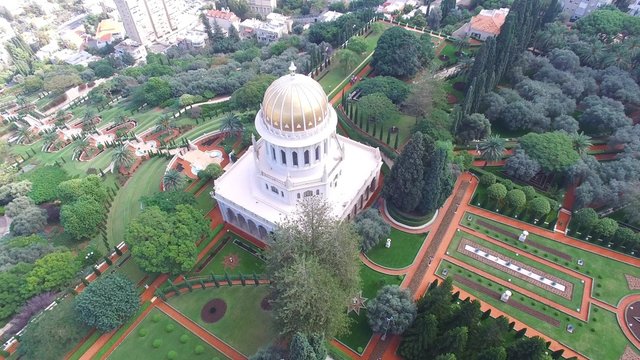 Bahai temple and gardens - 360 aerial around the golden dome aerial footage