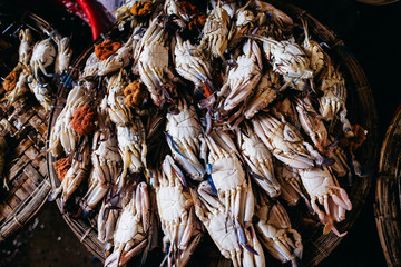Raw crab sea food at local market in asia top view