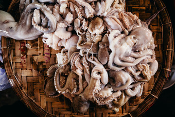 raw octopus at local asian market top view