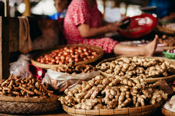 ginger root and herbs at asian steet market