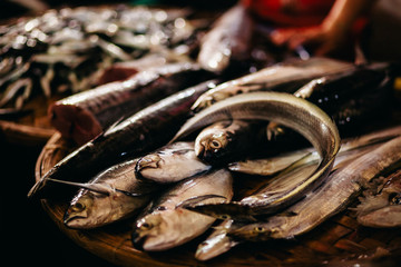 Raw fish sliced and cut at street market