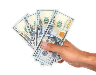 Hand with dollars isolated on white