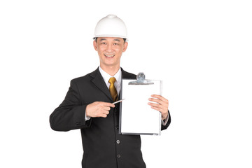 Asian young engineer write clipboard isolated on white backgroun