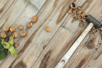Hazelnut, hammer and cracked nutshell on old wooden background