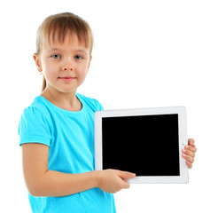 Beautiful little girl with digital tablet, isolated on white