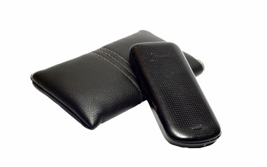 Black leather case for mobile phone and old phone