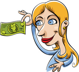 A cartoon woman happily holding a bill of cash money.