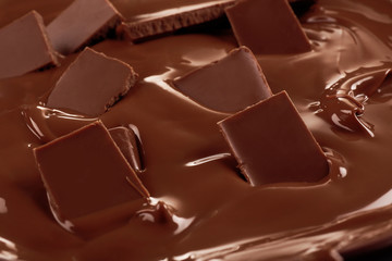 Background of melted milk chocolate and pieces of bar, close-up