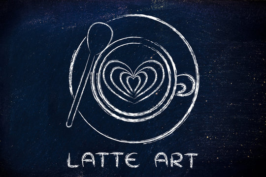 cup of cappuccino with heart design and text Latte Art
