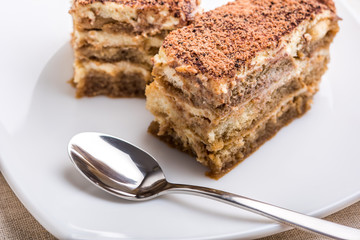 Tiramisu Cake On Plate Close Up