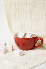 Obraz na płótnie Canvas Red mug with cocoa and marshmallows