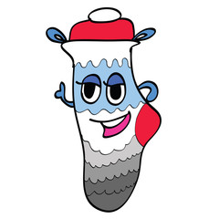 Illustration of Christmas sock retro cartoon character. Sock as puppet wear Santa hat. Funny face. Comic childlike drawing for Christmas tradition. Vector Christmas sock isolated on white. Eps 10.