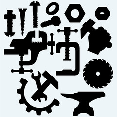 Set of tools: vice, spanner, hammer, Circular saw blade, anvil and screws. Isolated on blue background. Vector silhouettes