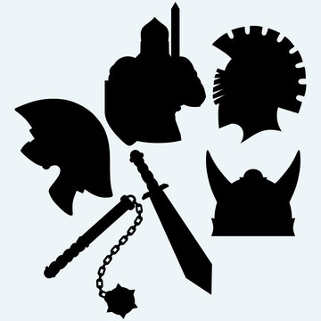 Crusader metallic knight's helmet, sword and mace. Isolated on blue background. Vector silhouettes