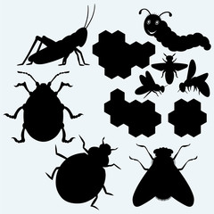 Species of insects: grasshopper, gaterpillar, working bee on honeycells, ladybug, flies and beetle. Isolated on blue background. Vector silhouettes