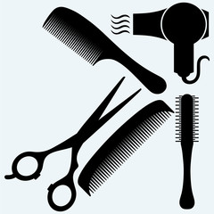 Scissors, comb for hair and dryer. Vector silhouettes