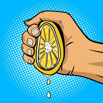 Hand squeeze lemon pop art comic book style vector