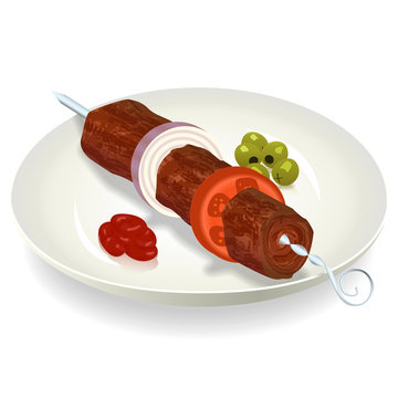 Delicious kebab on a plate with olives and tomato sauce