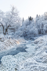 Winter landscape, river under the ice
