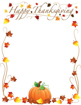 Happy Thanksgiving border with fall leaves and an autumn pumpkin
